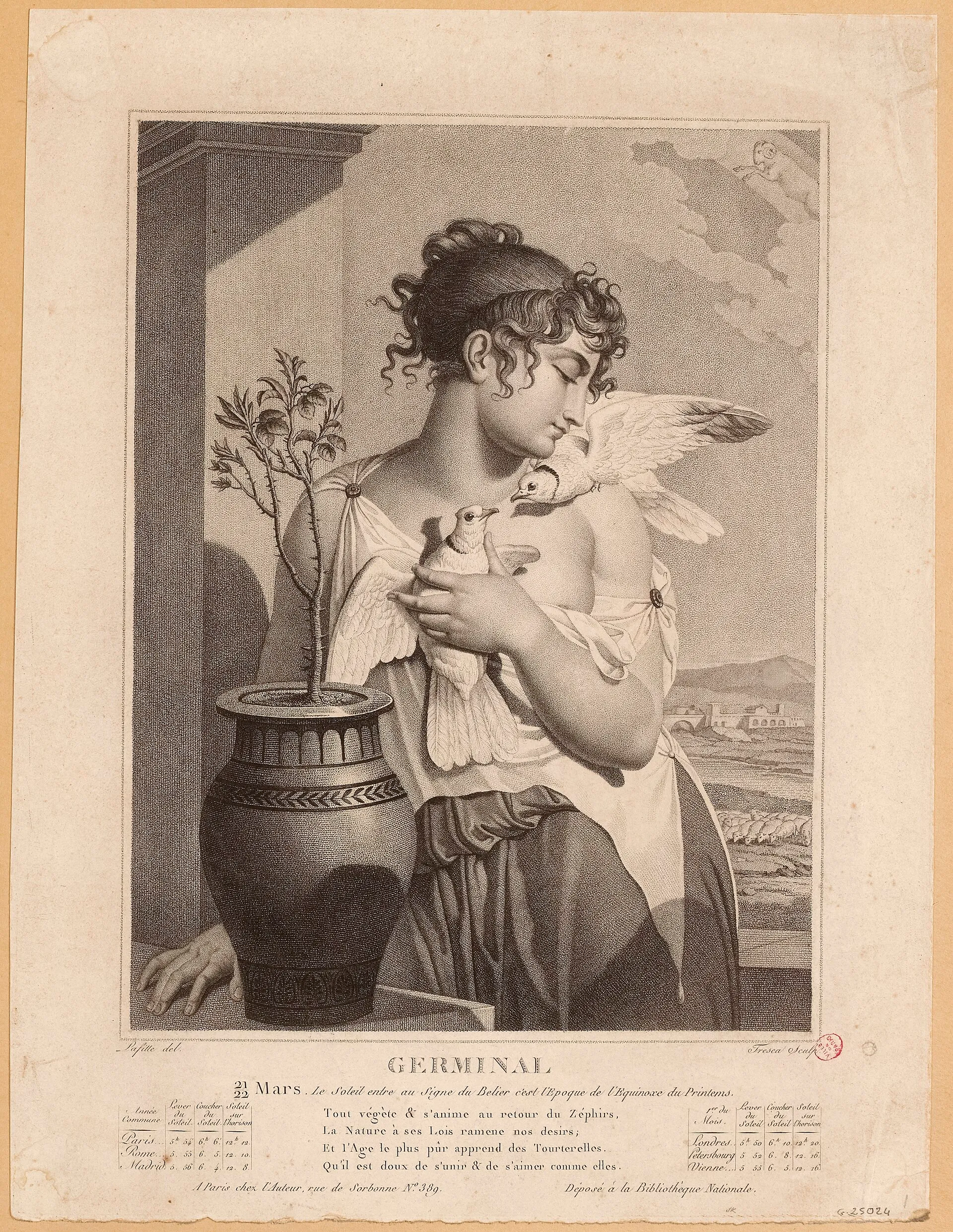 An engraved print titled Germinal: a woman holding doves beside a potted tree, above a table of sunrise times.